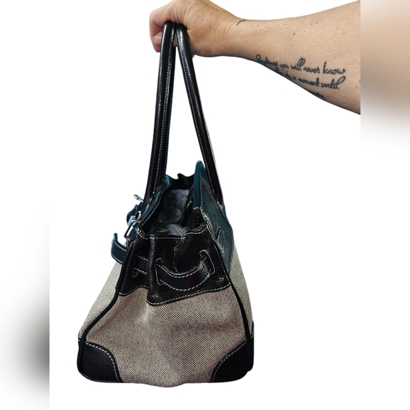 Black Leather Canvas Tote Padlock Bag Purse Designer Style Hand Shoulderbag - Picture 4 of 8